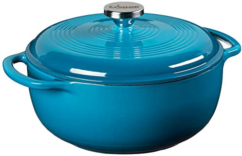 Lodge 4.5 Quart Enameled Cast Iron Dutch Oven with Lid – Dual Handles – Oven Safe up to 500° F or on Stovetop - Use to Marinate, Cook, Bake, Refrigerate and Serve – Cornflower Blue