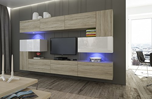 Furnitech Wohnwand Wohnzimmer | Wohnzimmer Möbel mit LED Blau | Hängend Wohnwand Modern | Wohnzimmer Schrankwand mit Regale und TV Schrank (Albania AN3-17SW-HGM41 1B)