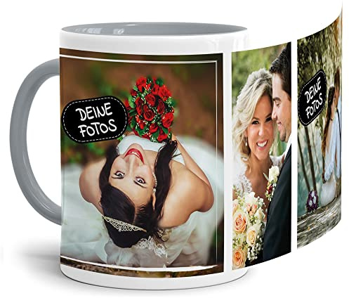 Foto-Tasse zum selbst gestalten mit Foto-Collage für 3 Wunschfotos - Geschenk für Familie, Freunde, Geburtstag, Weihnachten - Keramik Innen & Henkel Grau, 300 ml I Personalisiert