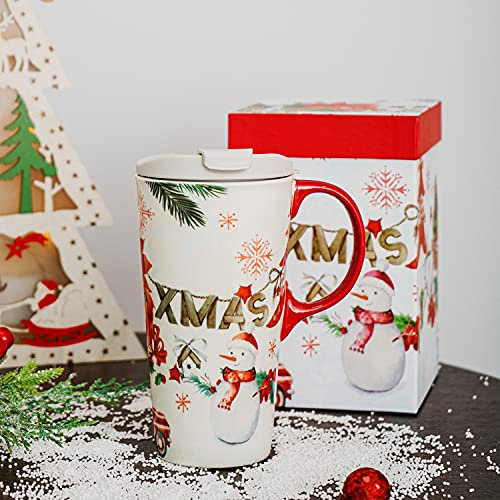 Topadorn Christmas Ceramic Mug Coffee Cup with Sealed Lid Tall Mugs Gift Box for Holiday,17oz. Xmas