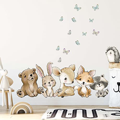 WANDKIND Waldtiere Wandtattoo Kinderzimmer V372 | handgezeichnet | AUFKLEBER Kindergarten | Babyzimmer Wandsticker Dschungel mit Bär Igel Reh Waschbär Fuchs Hase (120 x 120 cm)