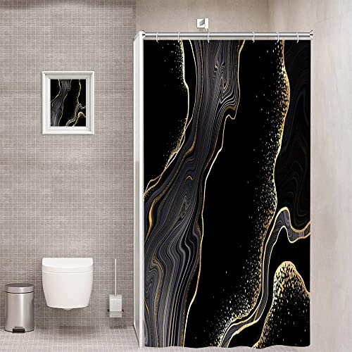 Ruelvth Marble Shower Curtain, Gold and Black Luxury Liquid Marble Shower Curtain Set for Bathroom Waterproof Polyester Fabric Modern Ink Texture Bathroom Decor with Hooks, 48x72 Inch