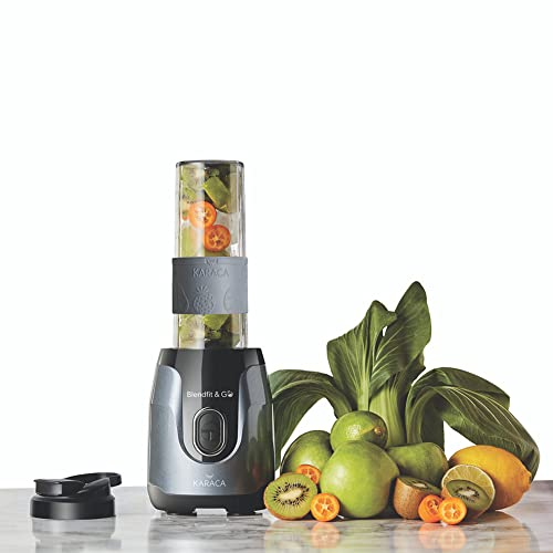 Karaca Blendfit Go Personal Smoothie Blender, 2x 600ml Bottle, Leak-Proof Bottle and Storage Lid, Ice Crushing Feature, Non-Slip Feet, Stainless Steel Blades, Silicone Handle, Anthracite