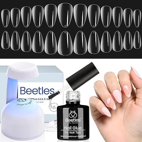 Beetles Easy Nail Extension Set with 500Pcs Soft Short Almond Shape Tips & 5 In 1 Nail Glue Base Gel and Innovative Uv Led Lamp Easy DIY Manicure Art Home Acrylic False Tips Kit