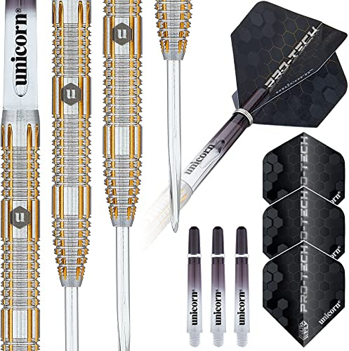 Unicorn Steel Tip Professional Darts Set | Pro-Tech Style 4 | 90% Natural Tungsten Barrels with Golden Accents & Volute Points | 24 g
