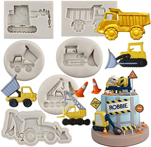 Sijiangmold Bulldozer-Silikonformen, Bagger, Fondant, Kranich, Bau, LKW, Form für Kuchen, Dekoration, Schokolade, Süßigkeiten, Cupcake-Topper, Dekoration, Polymerton, 6 Stück