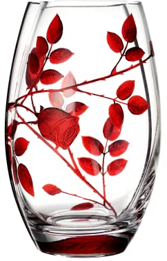 Vase à fleurs rond en verre soufflé à la bouche/décoré à la main Motif feuilles Rouge rubis 20 cm