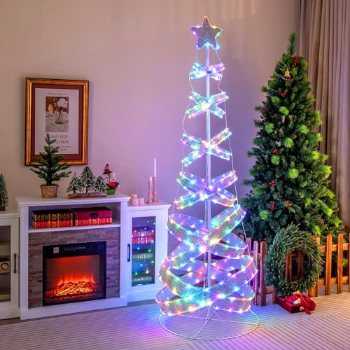 COSTWAY 210CM Árbol de Navidad en Espiral, Árbol de Navidad Preiluminado con 341 Luces LED, Árbol Artificial Plegable, Cambio de Color, Navidad Decoración (Multicolor - Árbol Espiral)