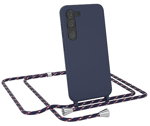 EAZY CASE - Hülle mit Kette - kompatibel mit Samsung Galaxy S23 Schutzhülle Kordel zum Umhängen,Umhängen Necklace, TPU Silikon Case, Blau mit Band Navy Camouflage Verschluss Silber