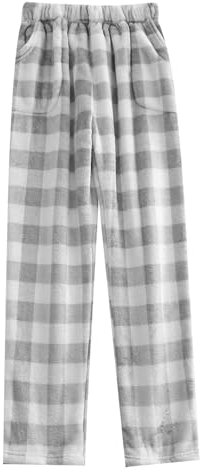 Pantalon de pyjama pour femme, pantalon de pyjama d'hiver à carreaux, bas de pyjama en flanelle à double poche, pantalon de pyjama ample doublé en polaire thermique avec bande élastique, gris