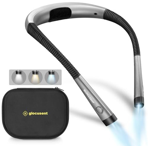 Glocusent Leselampe Hals mit Harte Eva Tasche, 3 Farben & 6 Helligkeitsstufen, Buchlampe Wiederaufladbar 80 Stunden Dauer, Biegbare Arme, Leselicht Halslampe für Lesen Stricken Häkeln Nähen Reparieren