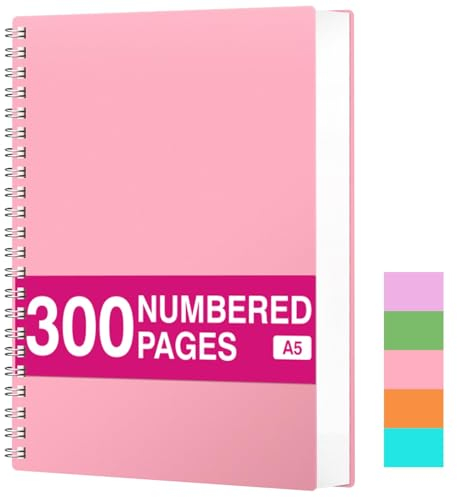 RETTACY Notizblock A5 Kariert, Spiralblock Notizbuch 100gsm mit 300 Seiten/150 Blatt zum Zeichnen, Kunststoff PVC Hardcover, zum Tagebuch, College,Konferenz, Reise, 14,5 X 21 cm -Rosa