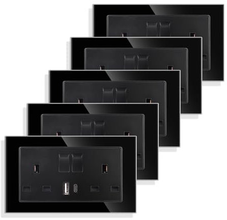 JIMEIDA 5 Pack Black Double Switched Socket 13 Amp Glass Panel with USB-A And Type-C Charging Ports Crystal Wall Outlet Electric Power Socket