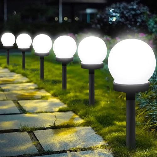 YeahBoom Lot de 6 lampes solaires d'extérieur sphériques LED - Blanc froid - Lampe solaire de jardin étanche - Pour terrasse, allée, cour, décoration de jardin