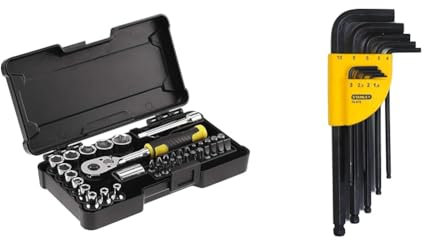 Stanley Stmt82672-0 Coffret De Douilles ¼’’ + Cliquet 72 Dents + 1 Rallonge 75Mm + 1 Porte Embout & 1-13-976 Clés Mâles Longues à Tête Sphérique Sur Support 1,5 à 10 Mm Fabriquées en France