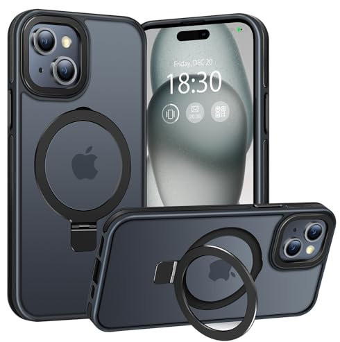 BENTIACC Handyhülle iPhone 15 Hülle, mit Unsichtbarer Ständer, mit Mag-Safe, Militärschutz, [Transluzente Matte] Anti-Fingerabdruck hülle iPhone 15 6,1 Zoll(Schwarz)