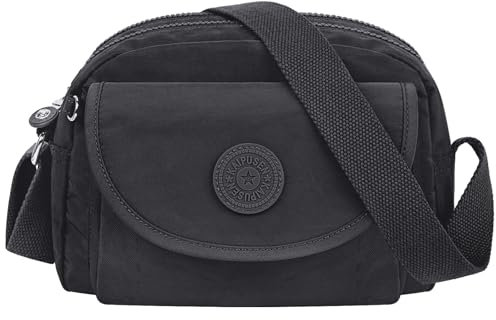 NEWIROVE Kleine Umhängetasche Damen Sportlich Leichte Kleine Handtasche Damen Wasserdicht Nylon Tasche Mit Vielen Fächern Schultertasche Damen Crossbody Bag Für Einkaufen, Lässig, Reisen,Schwarz