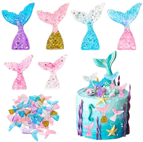 36 Pcs Acrylic Mermaid Cake Toppers, 6 Color Mini Mermaid Tails Cupcake Toppers, Mermaid Tail Figurines Cake Decorations for Mermaid Party Birthday Party, Baby Shower, Party Supplies Favors