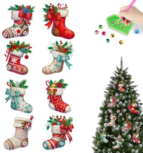 Starnearby Diamond Painting Weihnachten Anhänger, 8 Stück Diamant Painting Anhänger, Diamond Painting Bastelset Kinder, Christbaumschmuck Weihnachtsanhänger Geschenkanhänger (Weihnachtsstrümpfe)