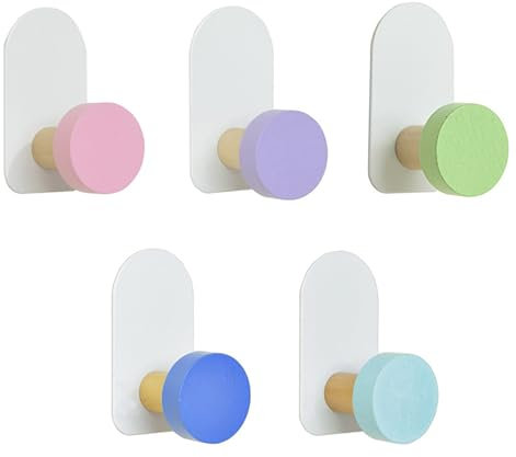Lunyloer Kids Coat Hooks, 5 Pcs Colorful Adhesive Hooks 6.4×3.5cm, Adhesive Sticky Hooks Self-Adhesive Wooden Hooks Wall Hook for Towel Clothes Key Backpacks and Hats (Macaron Color)