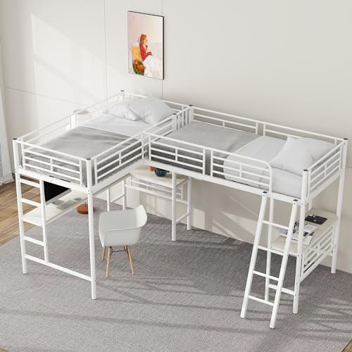 Lcoho Hochbett 90 * 200cm, Zwei Etagenbetten, Tisch unter dem Bett, Doppeltreppe, hohes Geländer (Weiß)
