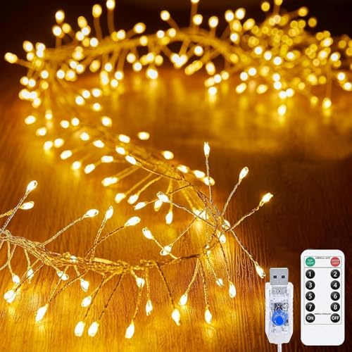 EONANT Fee Lichterkette, USB Feuerwerkskörper Cluster Stern Lichterkette mit Fernbedienung Timer, Schlafzimmer, Garten, Terrasse, Hochzeit, Weihnachten Urlaub Dekoration (Warm Weiß, 6M 200LED)