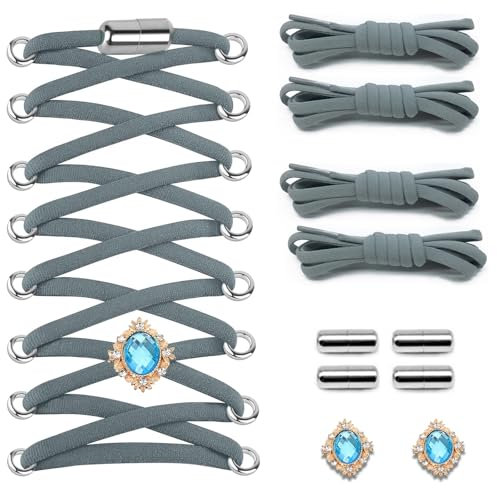 SNZ 2 Pares Cordones Elásticos Sin Nudo con Hebilla Metal, Cordones Zapatillas Deporte con 2 Adornos de Zafiro para Zapatos de Senderismo, Zapatos de Trabajo, Botas, Zapatos de Exterior (gris)
