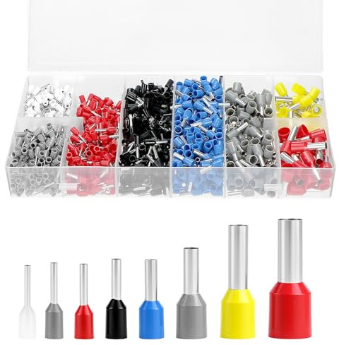QWORK® Kit puntalini doppi da 1300 pezzi, 8 tipi da 0.5 mm² a 10 mm² Assortimento di connettori con puntali, per cablaggio elettrico