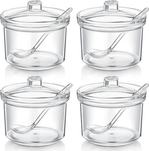 Werwing Transparente Acryl-Zuckerdosen mit Deckel und Löffeln, luftdichte Vorratsdosen für Zucker, Salz, Gewürze, Tee und Badesalz, 4 Stück