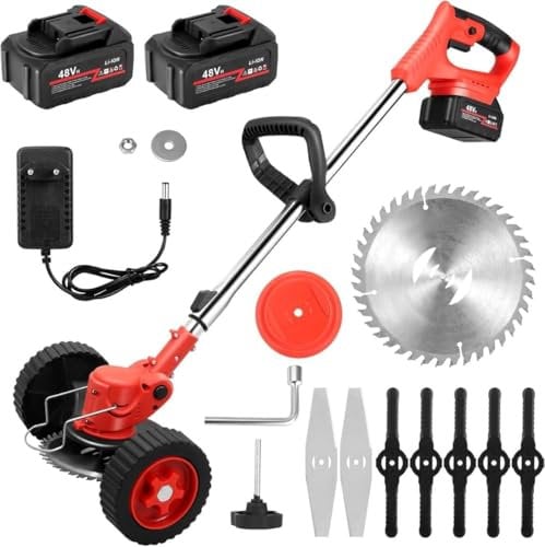 21 SHOP® Decespugliatore Elettrico a Batteria con Ruote, Tagliabordi a Batteria 48v, Tagliabordi a Batteria Testata Regolabile e Maniglia Telescopica Testa Girevole 90° per Il Taglio di Giardini