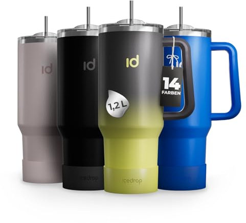 IceDrop® XXL Thermo Cup 1.2L für 12 Stunden kalte oder heiße Getränke I 100% auslaufsicherer Thermobecher mit Strohalm I robuste Trinkflasche mit Strohhalm und Griff I Tumbler Cup - Grau Neon