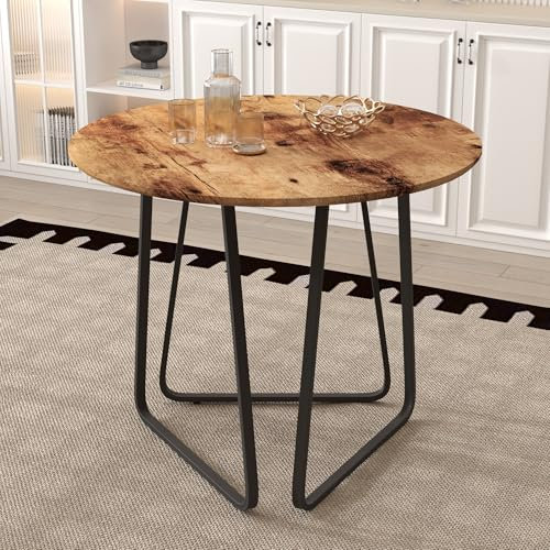 GOLDFAN Esstisch Rund Holz Moderner Küchentisch Esszimmertische mit Schwarz Metallbeinen Tisch für Esszimmer Wohnzimmer Küche, Braun, 80 cm