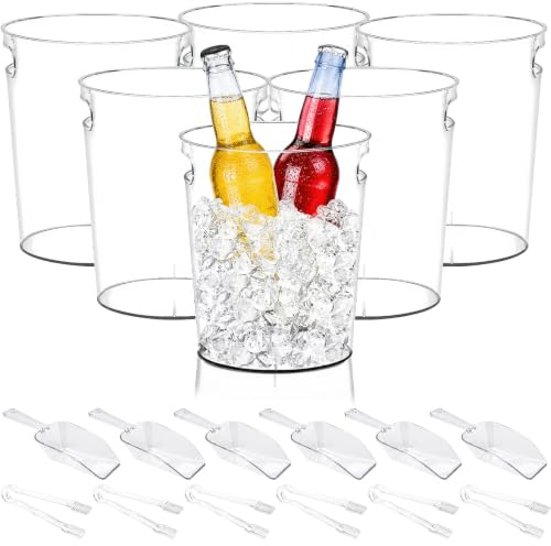 Lot de 6 Seaux à Glace 4 L en Acrylique Transparent pour Vin et Champagne | Avec 6 Pelles et 6 Pinces, Rafraîchisseurs avec Poignées pour Bière, Boissons, Cocktails, Bars, Fêtes et Mariages