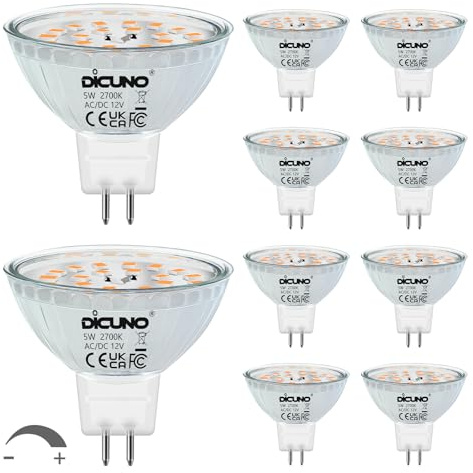DiCUNO MR16 GU5.3 LED Lampe dimmbar, 5W=50W, Warmweiß 2700K, 10er Pack | MR16 LED Spot Beleuchtung, 12V, 440lm, CRI 82, 120° Abstrahlwinkel, Reflektor für Einbaustrahler, Deckenspots, Vitrinen