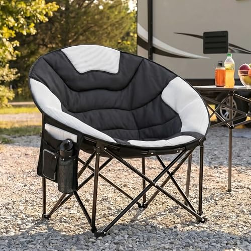 LIFERUN Camping Sessel rund 150KG, Moonchair XXL, Faltstuhl Camping Outdoor | mit Atmungsaktives Netzgewebe,Tragetasche,Anti-Rutsch-Füße,Seitentasche, Klappstuhl für Garten, Balkon,Angeln,Strand, Schwarz