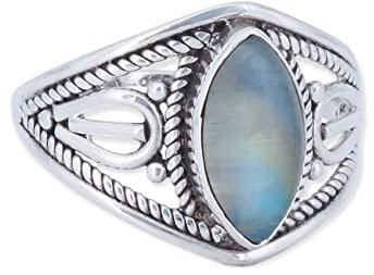 mantraroma Ring Damen Silber 925 Regenbogen Mondstein Edelstein weiß ausgefallen verspielt