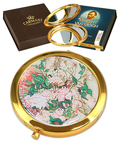 CARMANI - Poche en bronze plaqué or, compact, voyage, miroir décoré avec peinture Van Gogh « Roses roses dans un vase »