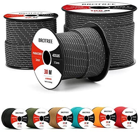 Brotree Paracord 3mm 30M Cuerda 100% Nylon Tipo II 3 Hebras Cuerda Paracord 425 para Exterior, Bricolaje - 192 kg Carga de Rotura (Reflectante Negro)
