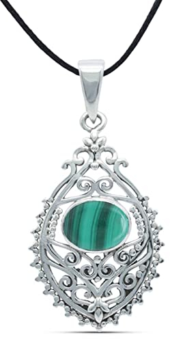 mantraroma Kettenanhänger 925 Silber Malachit grüner gestreifter Stein Edelstein Kettenanhänger Damen Sterling Silber Halskette Anhänger Geschenk (MAH-132-10)