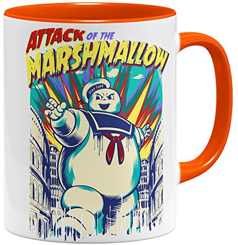 OM3® Ghost Marshmallow Attack Kaffee-Tasse mit Retro Motiv - Comic Style - Keramik Becher - 325ml - Beidseitig Bedruckt - Orange