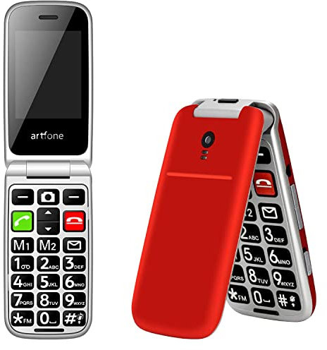 artfone Telefono Cellulare per Anziani con Tasti Grandi, Funzione MMS, SOS Pulsante, 2.4 Display, Supporto SIM Doppio, Chiamata Rapida and Torcia, Base di ricarica- Rosso