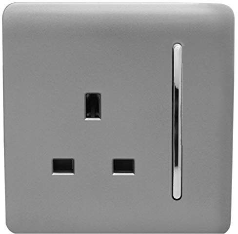 Trendi 1 Gang Raised Artistic Modern Glossy Screwless 13 Amp Single Pole with Chrome Switched UK Standard Electrical Double Wall Plug Socket in Light Grey - ART-SKT13LG