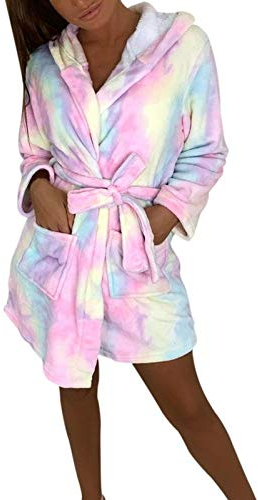 HAIBI Donna Accappatoio Vestaglie，Inverno Caldo Flanella Accappatoio Signore Ginocchio-Lunghezza Veste Morbida Spessa Kimono Abito Arcobaleno Vestaglia Sleepwear, XL