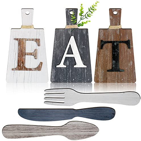 Blulu 6 Pieces 7.5 x 4.3 inch Eat Sign Kitchen Decorations Wall Cutting Board Eat Signs Kitchen Decor Fork Spoon and Knife Wood Wall Decor Rustic Farmhouse Kitchen Wall Art (Classic Color)
