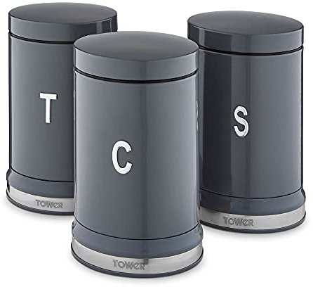 Tower T826171GRP Belle Set of 3 Canisters, Tea/Coffee/Sugar Storage, Graphite, Steel, Grey