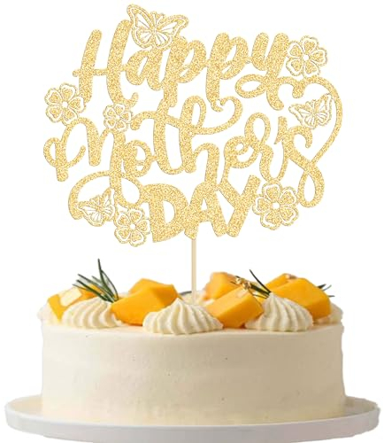 Gyufise 1 Pack Happy Mothers Day Cake Topper Best Mum Ever Mummy with Butterfly Flower Birthday Cake Decorations for Mothers Day Party Supplies Gold Glitter