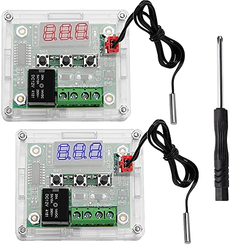 VooGenzek 2 Piezas Módulo de Control de Temperatura W1209 con Caja, 12V DC Micro Termostato Digital, Módulo de Control de Temperatura Electrónico Interrupto, -50-110°C, con Sonda NTC (Rojo y Azul)