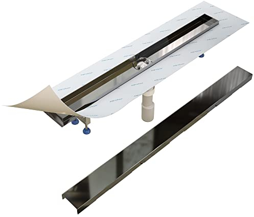 Aquabad PVD beschichtete Edelstahl Duschrinne in Schwarz 70 cm, inkl. Domoplex Siphon und Blende, Abgang senkrecht Mitte