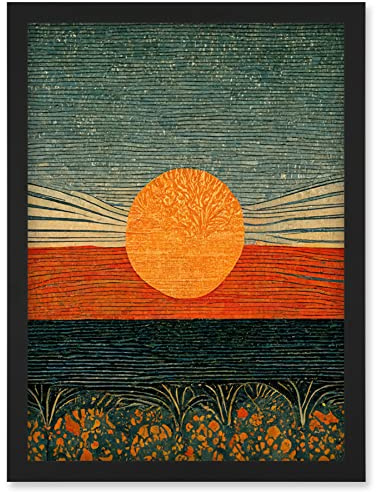 Doppelganger33 LTD William Morris Style Sunrise Over Sea Abstract Artwork Framed Wall Art Print A4