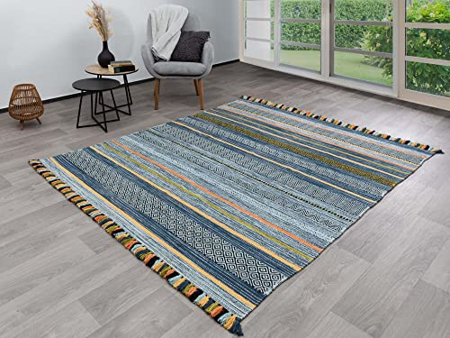 Steffensmeier Handwebteppich Turbat | Antistatisch | 100% Baumwolle | Blau, handgewebt, Größe: 170x230 cm